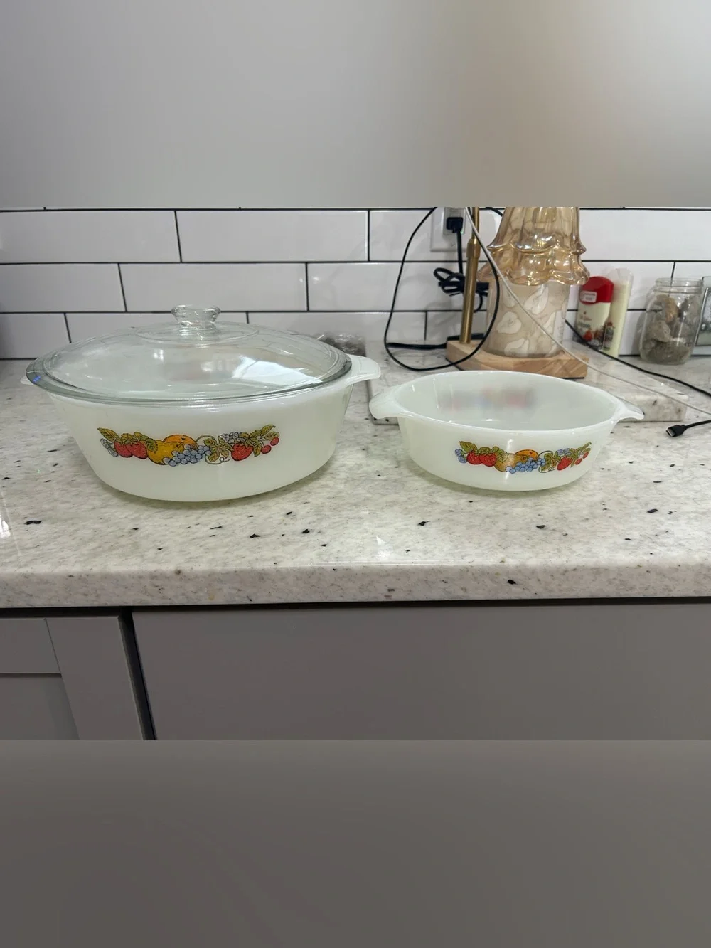Vintage Anchor Hocking White Casserole Dishes (Fruit Harvest)